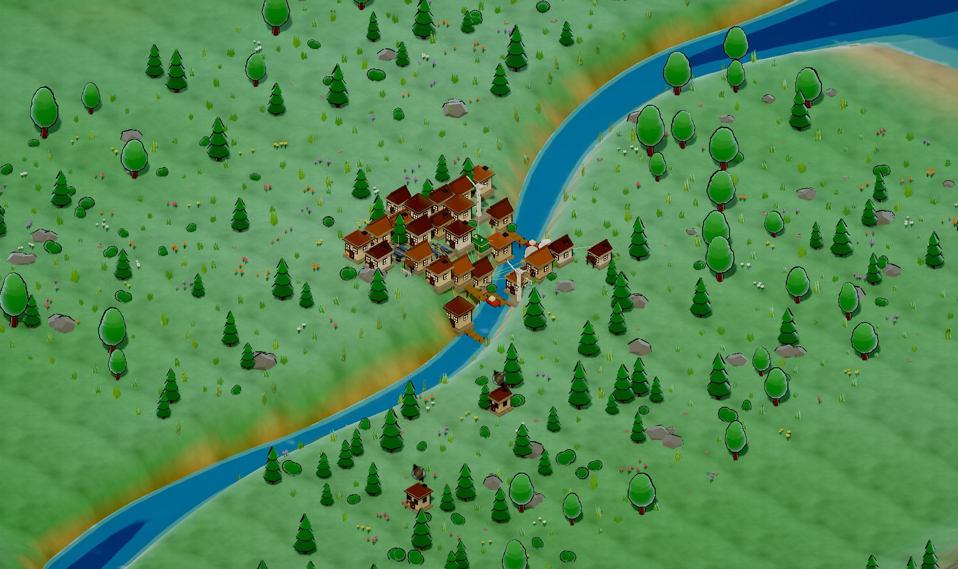 A cel-shaded town of houses beside a winding river